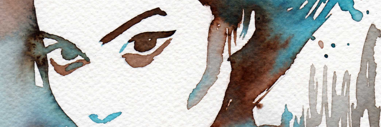 blue and brown watercolor painting of a woman