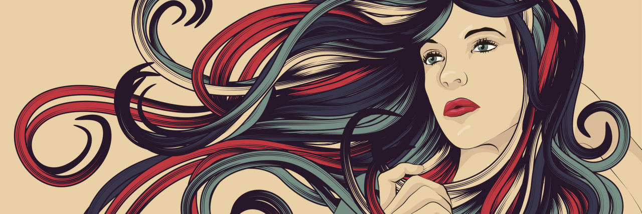 "Beautiful woman with long colorful flowing hair. Face, hair and background are on separate layers. Each hair strand is individual object. Easily change colors . Extra folder includes Illustrator CS2 AI and PDF files."