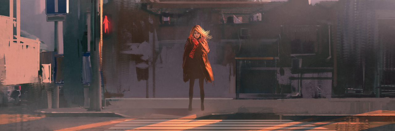 lonely woman standing on urban pedestrian crossing,illustration painting