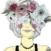 An illustration of a woman with her hair covering her eyes, with a flower crown.