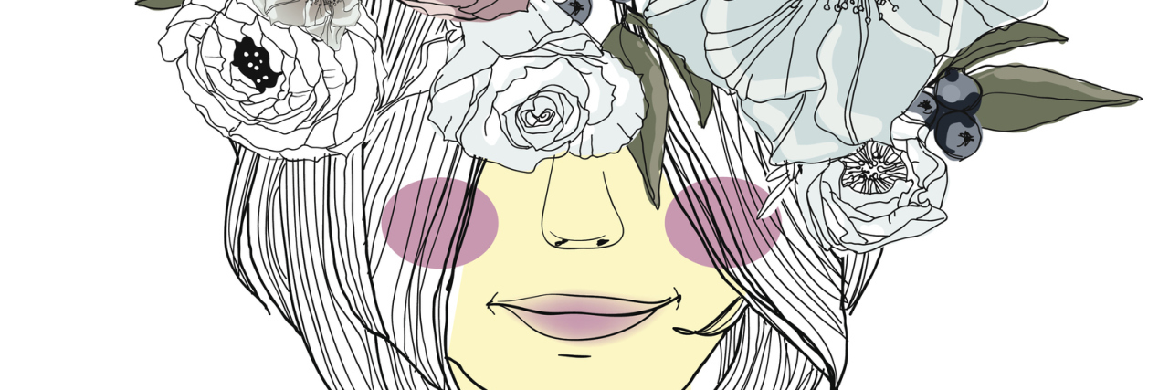 These Things Are OK When You're Chronically Ill An illustration of a woman with her hair covering her eyes, with a flower crown.