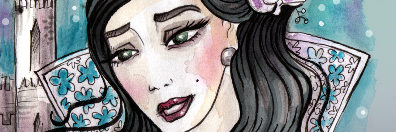 When Taking Care of Your Mental Health Means Saying 'No' to Things Watercolor illustration of imaginary princess with dark hair and her castle behind. Hand drawn illustration digitally colored