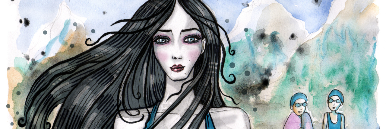 Mental Illness Made Me Believe I Wasn't Worth Asking for Help Watercolor illustration of swimming teacher with long dark hair and her students behind. Cold weather nature scene. Hand drawn illustration. Watercolor painting