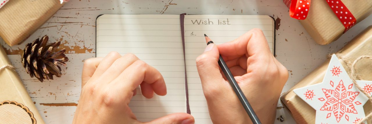 10 Things on My Seasonal Affective Disorder Holiday Wish List Making list of presents on wood background, copy space