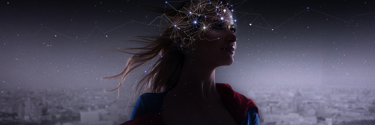 woman in superhero costume with overlaid neurons in brain