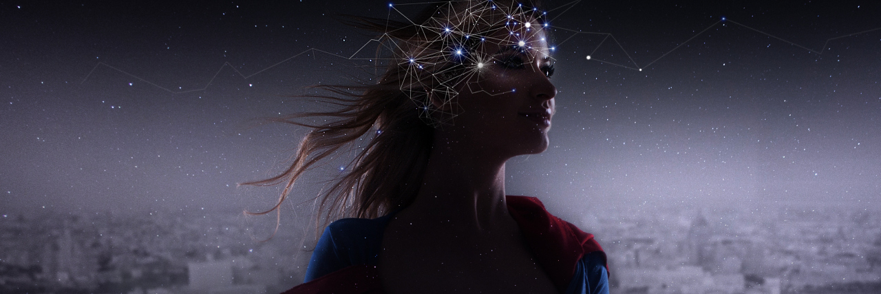 I Could Be a Superhero: Bipolar Disorder and Delusions of Grandeur woman in superhero costume with overlaid neurons in brain