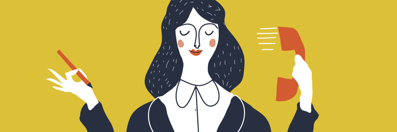 What 'High-Functioning' Depression Looks Like When I'm at Work Female personal assistant cute vector illustration. Young office manager multi-tasking. Cartoon business lady illustration. The secretary holding telephone and pen.