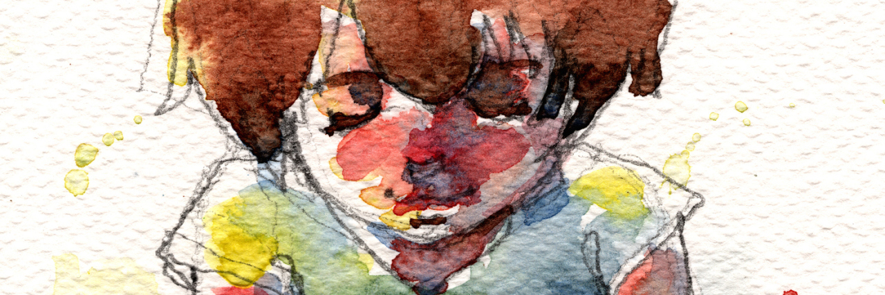 Why I'm Still Surviving the Childhood Abuse I Experienced watercolor illustration of girl sitting and hugging a red heart, handmade treditional artwork scaned