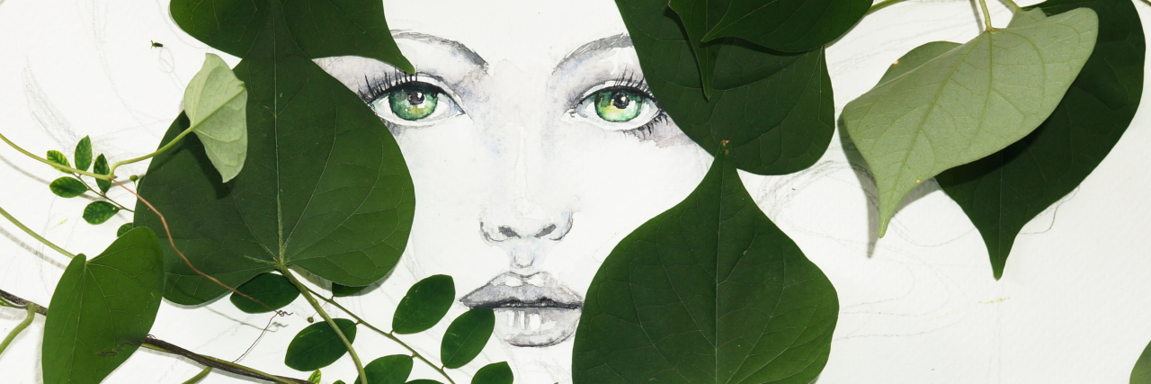 5 Things Childhood Trauma Survivors Need in Order to Heal Drawn watercolor of woman face decorated with real green leaves. Perfect image as birthday card.