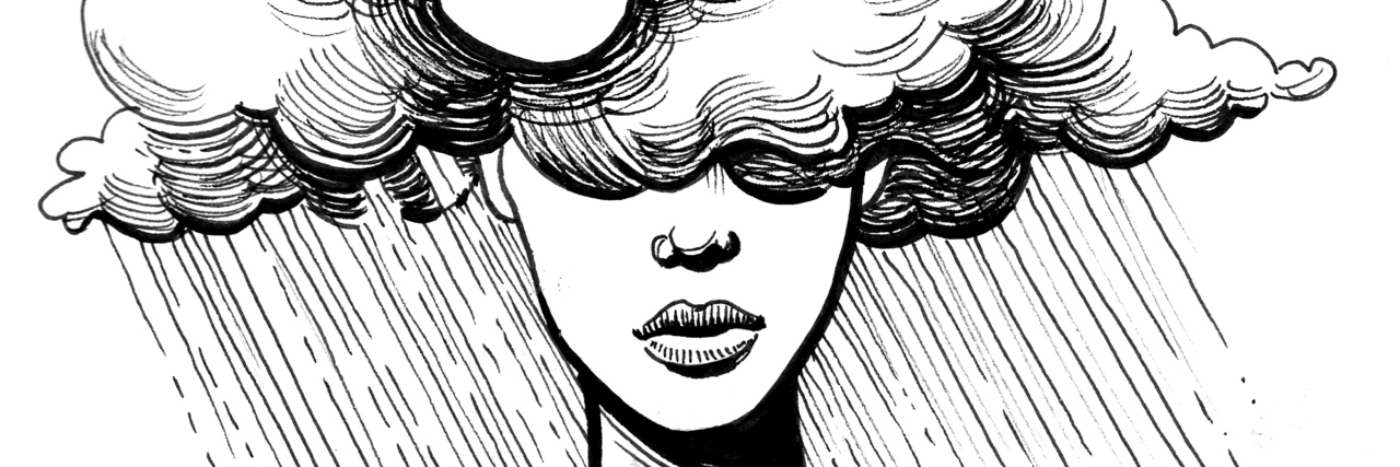 It's OK to Be Emotionally Lost Sometimes An illustration of a woman with her head in a cloud that is raining.