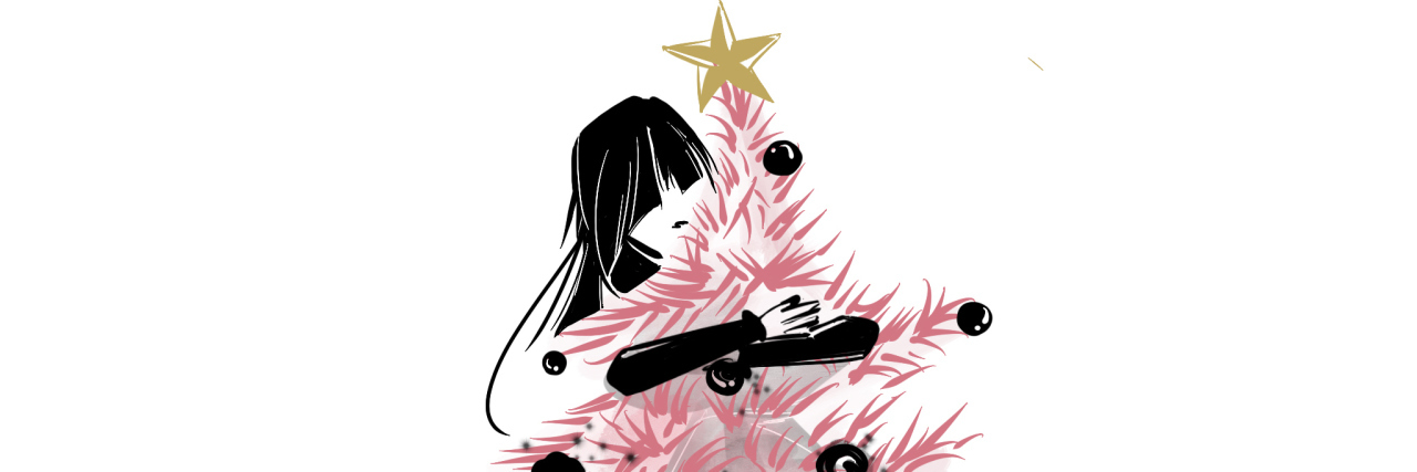 An illustration of a woman holding a pink Christmas tree.