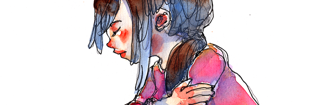 Physical Symptoms of Depression Convinced Me I Was Depressed ink and wash watercolor illustration set of girl with red heart symbol, traditional artwork scanned