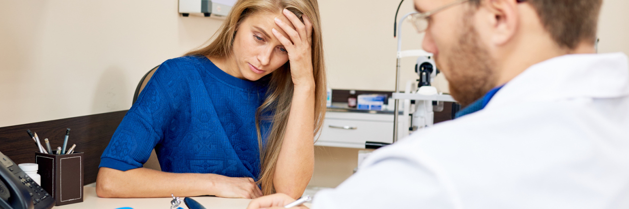 'Routine Depression Survey' and Chronic Pain frustrated woman in doctor's office while doctor fills in form