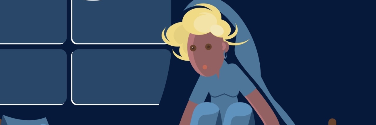 5 Physical Warning Signs I'm on the Verge of a Hypomanic Breakdown illustration of woman at night hiding under her covers