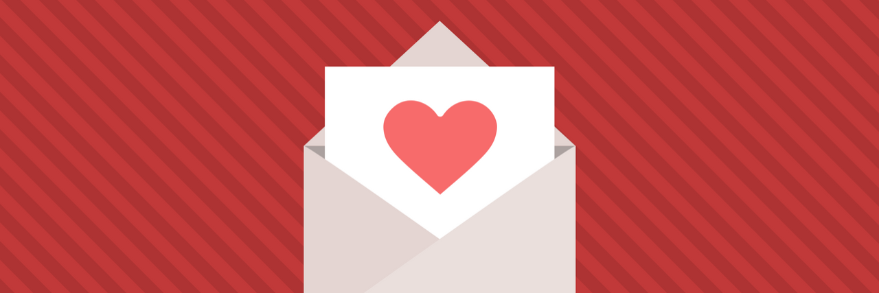 Red striped background with a envelope and letter featuring a heart inside