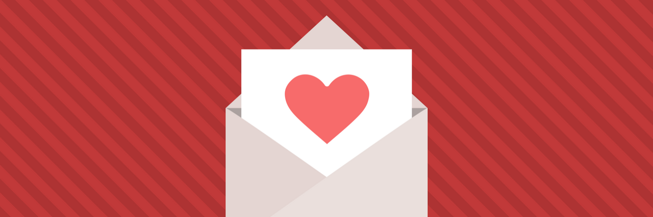 The Mighty Sends Cards to Those With Mental Illnesses for the Holidays Red striped background with a envelope and letter featuring a heart inside