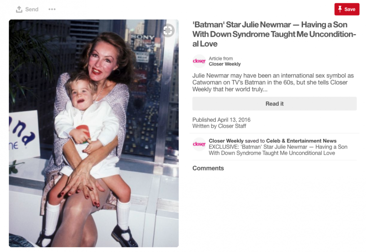 Julie Newmar holding son with Down syndrome