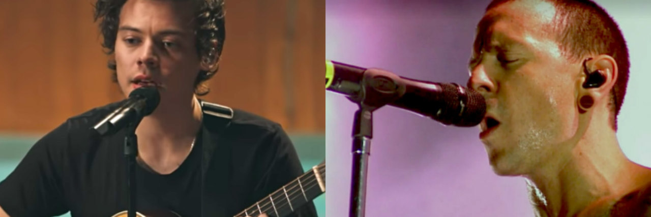 18 Songs That Helped Suicide Loss Survivors Harry Styles and Chester Bennington onstage singing into microphones