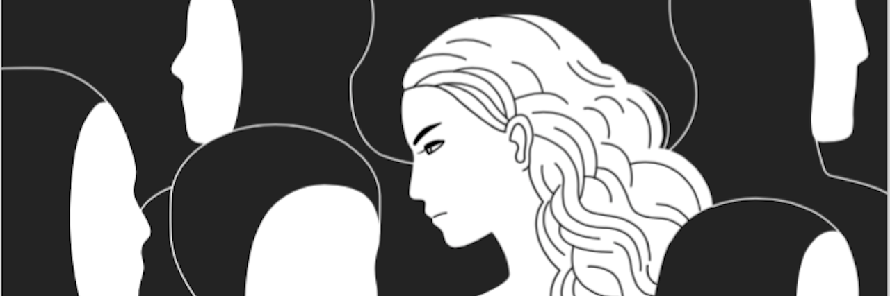 When You Feel Guilty After a Loved One Dies by Suicide line drawing of woman looking down in a crowd