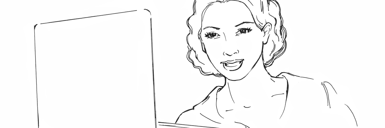 What My Online Profile Says About Cancer and Who I Am sketch of woman with laptop