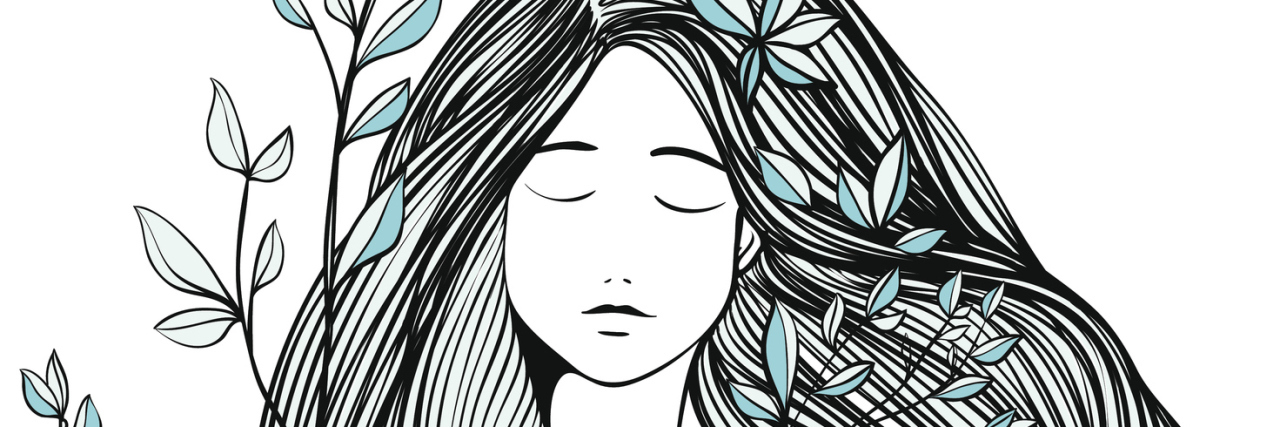 I'm Still Struggling in Eating Disorder Recovery Girl with long hair and eyes closed removes a branch from the chest.