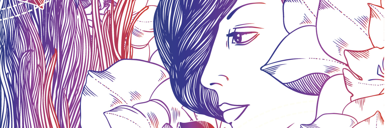 What 'High-Functioning' Anxiety and Depression Really Look Like girl, flowers, waves and hand with pencil - purple background