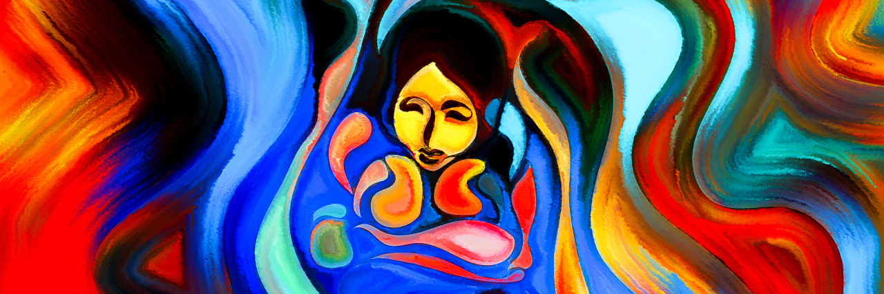 An artistic and colorful illustration of a woman sitting, holding her knees to her chest.