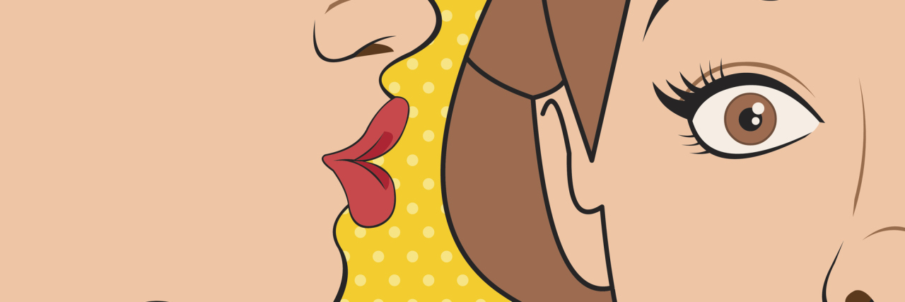 To the Woman Whose Depression Was Gossiped About Beautiful retro woman whispering a gossip to her surprised friend. Vintage art.