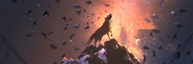 wolf howling from the top of a hill with birds flying around him and light shining on him