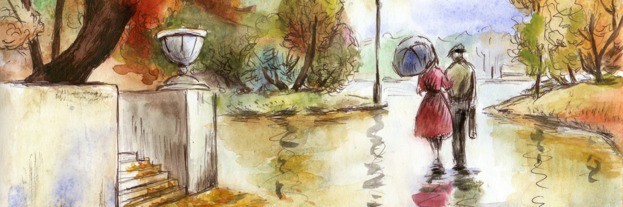How Fibromyalgia and Chronic Pain Have Changed My Relationships illustration of a man and woman walking down a road in autumn