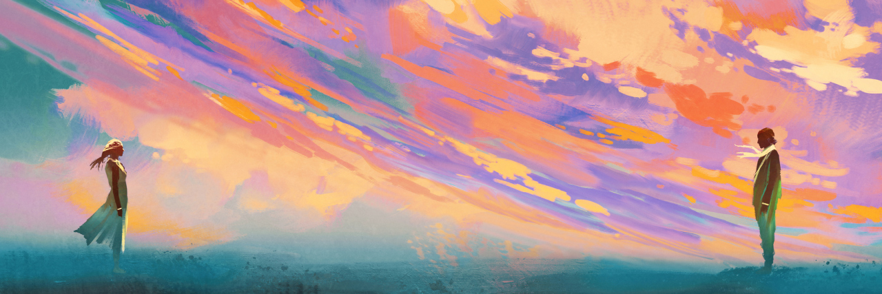 How My Husband Shows Unconditional Love in the Midst of My Illnesses A man and woman standing in front of a beautiful sunset, looking at each other from across the field.