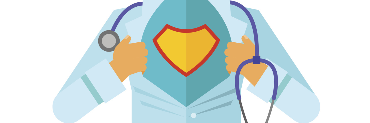 My Favorite Superheroes Wear White Coats and Scrubs Doctor opening lab coat and showing hero costume.