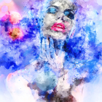 woman with bright makeup surrounded by colorful smoke