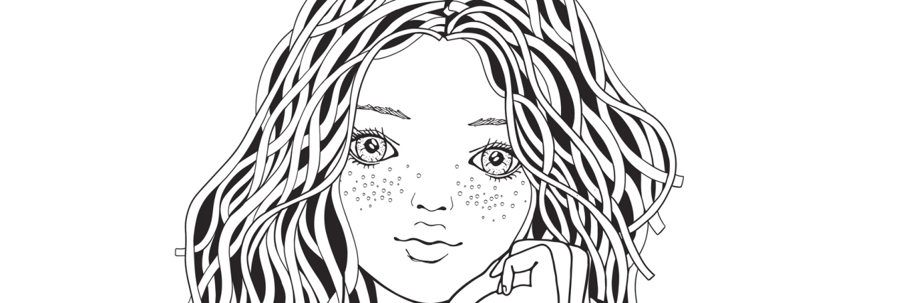 Cute girl in a striped sweater. Coloring book page for adult. Black and white. Doodle style.