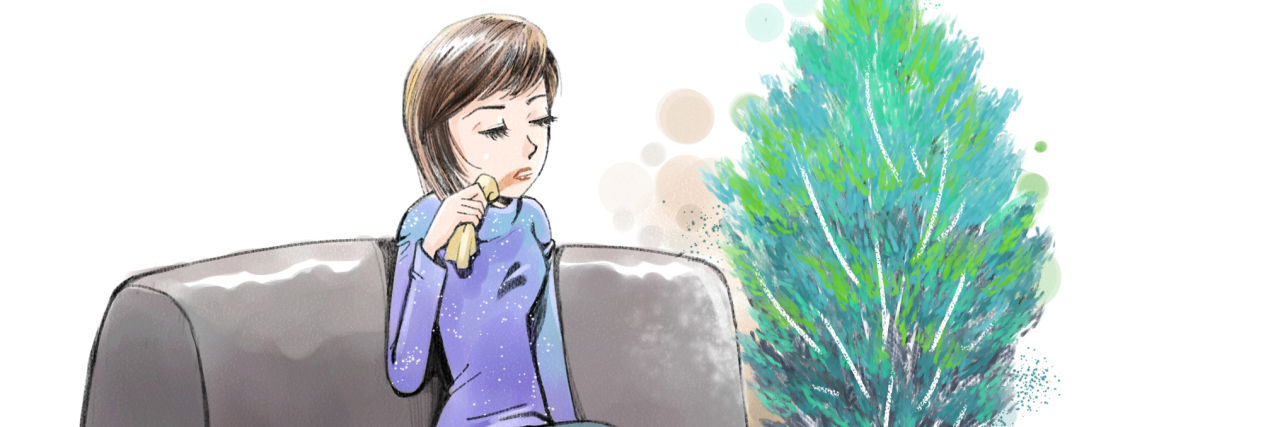 Not Being Able to Fully Commit to Plans With Migraine, Chronic Pain painting of a woman sitting on her couch
