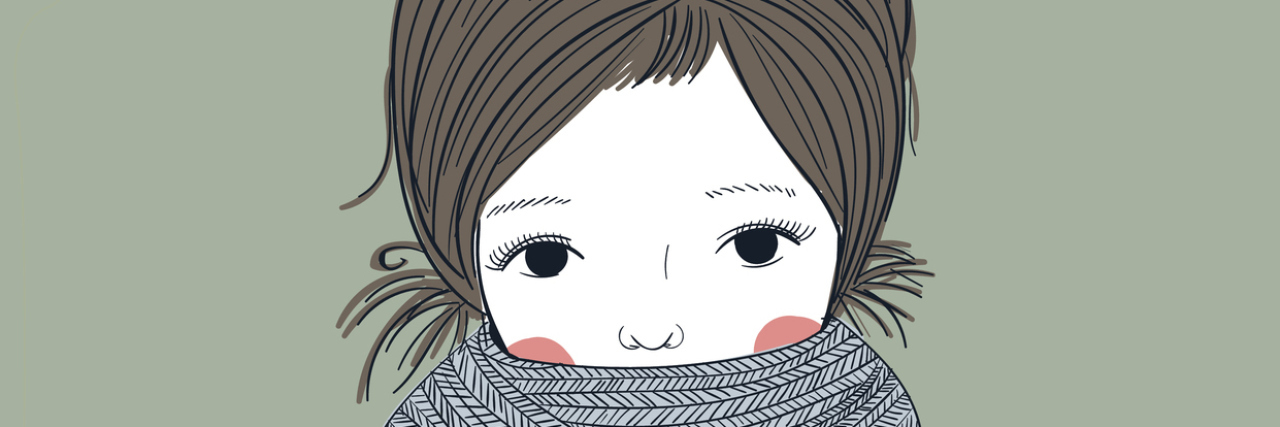 What You Need to Know About Scoliosis An illustration of a young girl in a sweater and knit scarf.