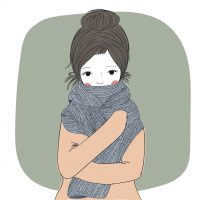 An illustration of a young girl in a sweater and knit scarf.