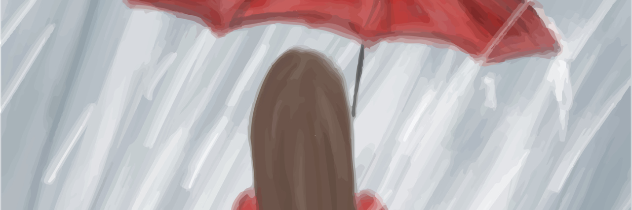 A water coloring of the backside of a woman in a red dress, holding a red umbrella with rain pouring down.