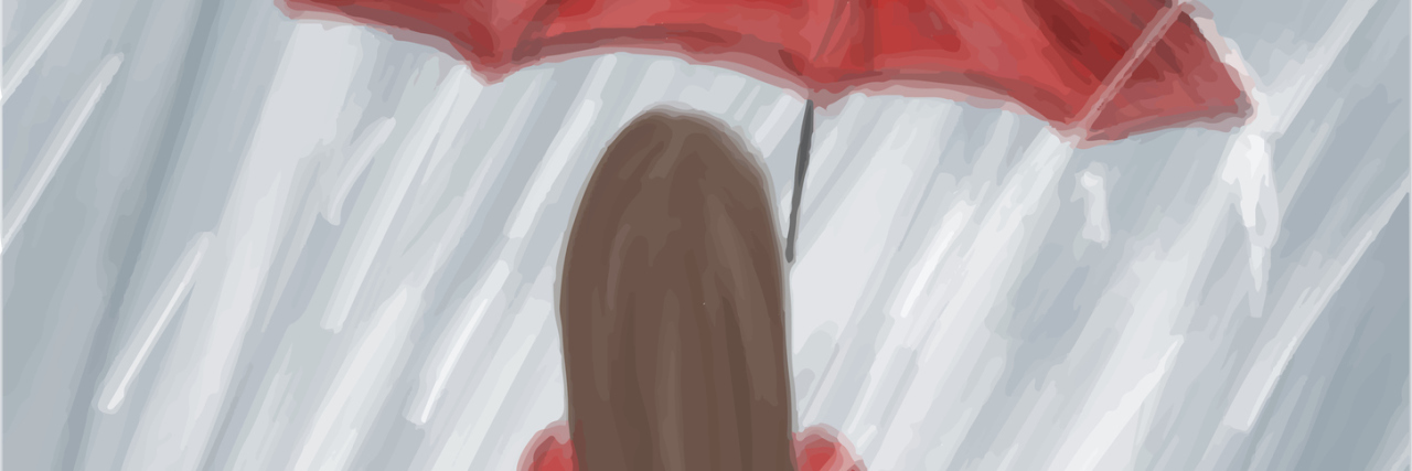 The Mental Health Struggle of Lyme Disease A water coloring of the backside of a woman in a red dress, holding a red umbrella with rain pouring down.