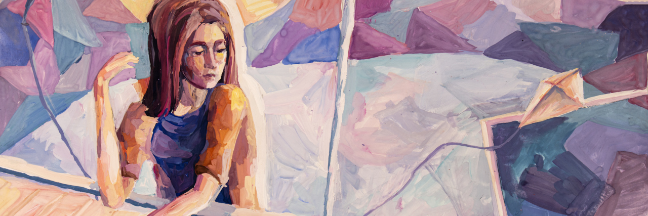 Being Denied Financial Assistance Because My Illness Is Invisible watercolor painting of a woman sitting outside and leaning on a railing