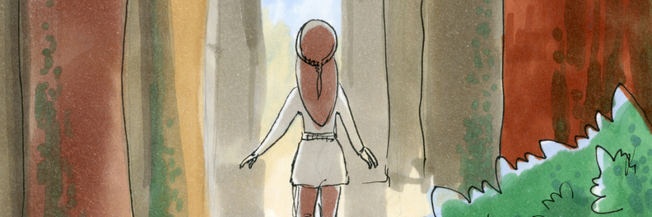 Why I Don't Have a Choice But to Manage My Pain Water colored image of a girl walking through a pathway in the woods.