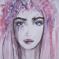 painting of a woman with pink and purple hair