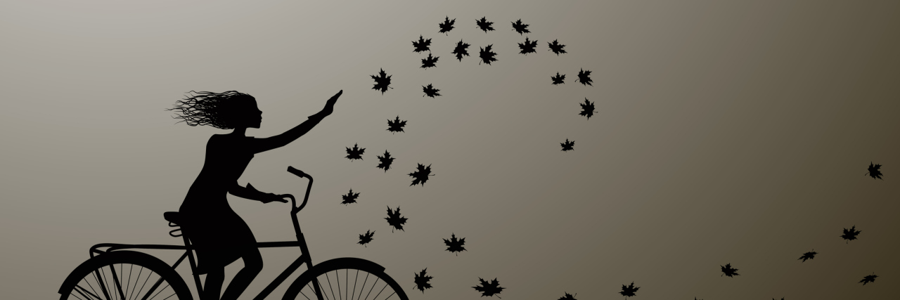 Trust Your Instincts When It Comes to Your Health An illustration of a woman on a bike, reaching out to catch some of the leaves ahead of her.