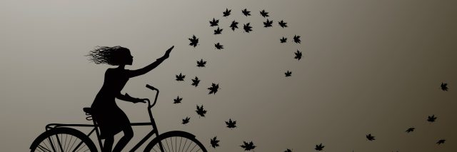 An illustration of a woman on a bike, reaching out to catch some of the leaves ahead of her.