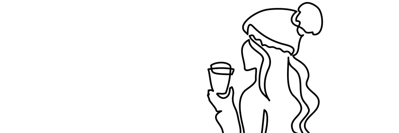 A continuous line illustration of a woman wearing a Santa hat, drinking out of a coffee cup.