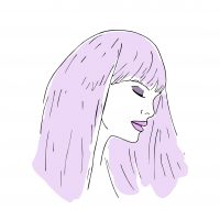 An illustration of a woman with purple hair and pink lips, her eyes closed.