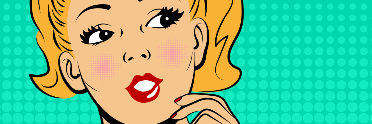 Here's What You Should (and Shouldn't) Say to Someone With Cancer Thinking woman with orange hair in blue dress with speech bubble