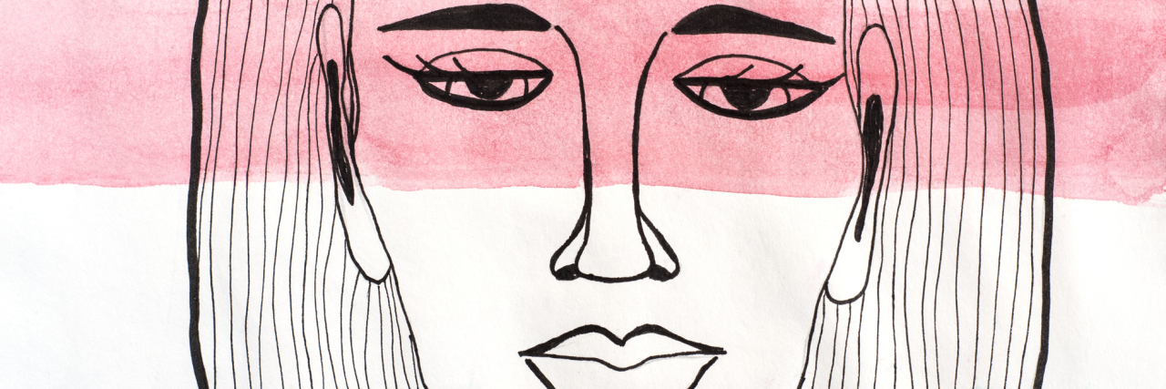 When Fibromyalgia Runs Your Life 24/7 Drawing of a sad woman with a red streak of paint going across her eyes.