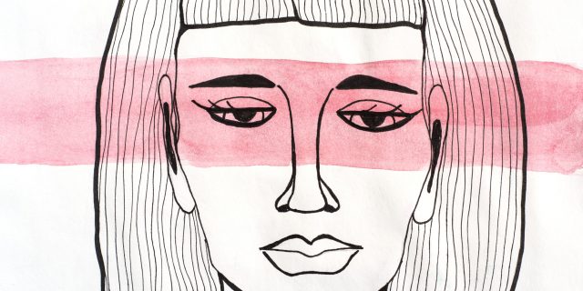 Drawing of a sad woman with a red streak of paint going across her eyes.