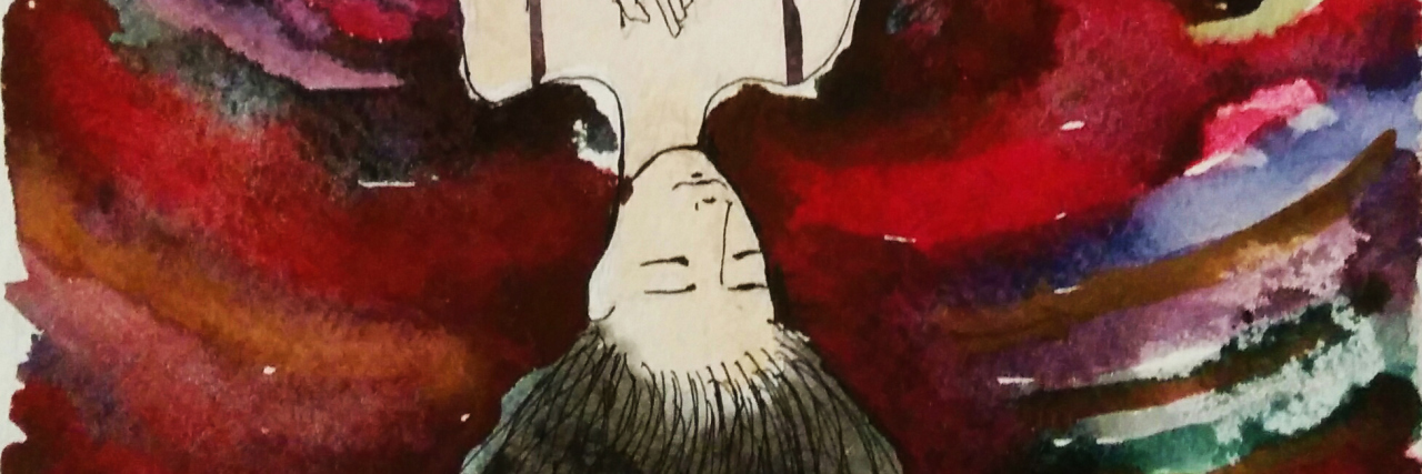 The Lessons I Have Learned From Chronic Pain painting of woman upside down surrounded by red swirls